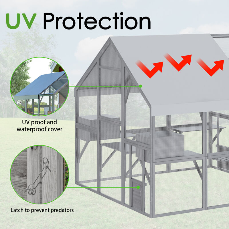 Large Wooden Outdoor House, 43 Sq. Ft. Cat Run Enclosure Walk in Cat Catio Kitten Condo with Enter Door, Roof Cover