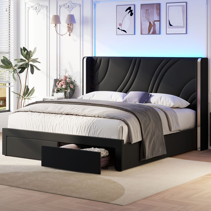 Merax Modern Upholstered LED Bed Frame with Storage Drawers