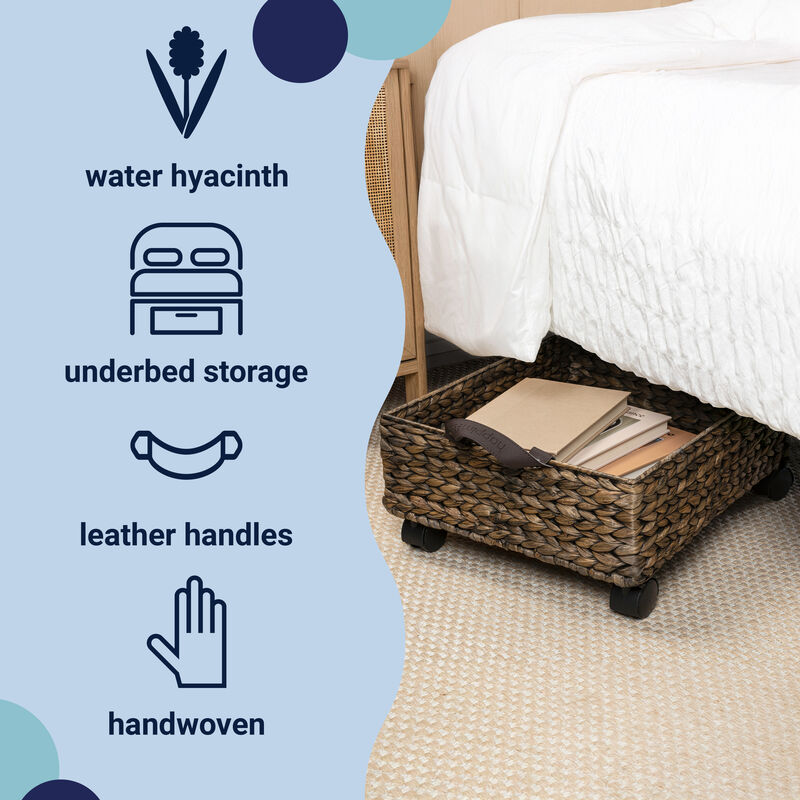 Adaline 18.11" Classic Farmhouse Handwoven Hyacinth Rectangular Underbed Storage Bin with Wheels and Handles