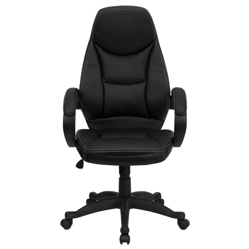Leonard High Back Black LeatherSoft Contemporary Executive Swivel Ergonomic Office Chair with Curved Back and Loop Arms