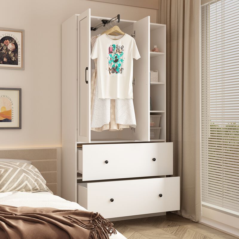 White Wood 35.5 in. W Armoires Wardrobe With Mirror, Pulling Hanging Rod, Drawers, Shelves 15.8 in. D x 70.8 in. H