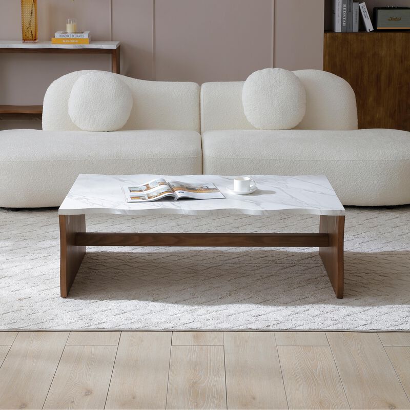 Whisper of Waves Modern Coffee Table with Faux Marble Top & Wood Tone Base image number 2