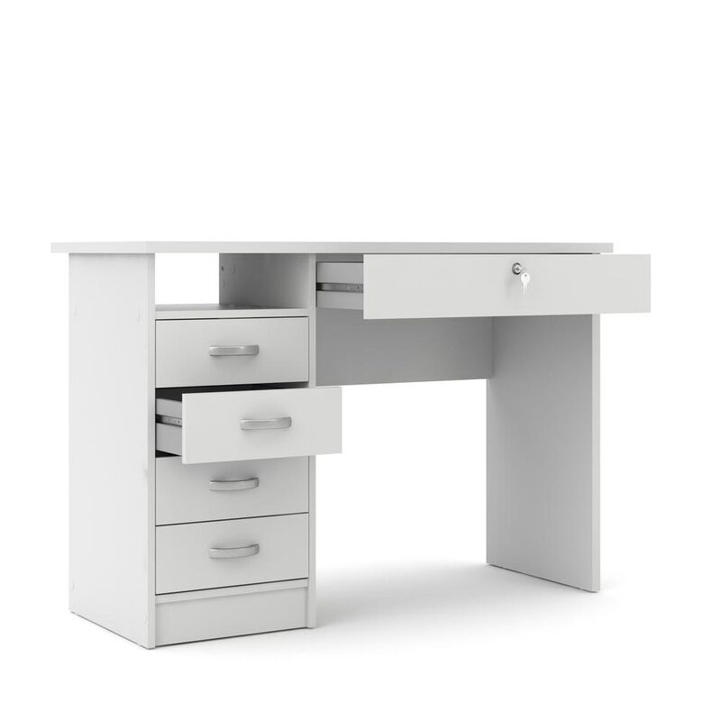 FurniFact Elegant White Computer Desk Featuring Five Drawers and Open Shelf Design