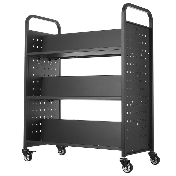 Single-Sided Rolling Book Cart with Lockable Wheels, Library Shelf for School & Office