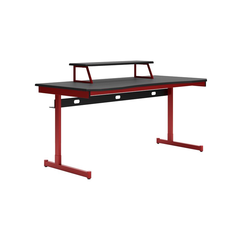 63 Inch Modern Home Office Gaming Desk, Monitor Stand, Metal, Black, Red-Benzara image number 1