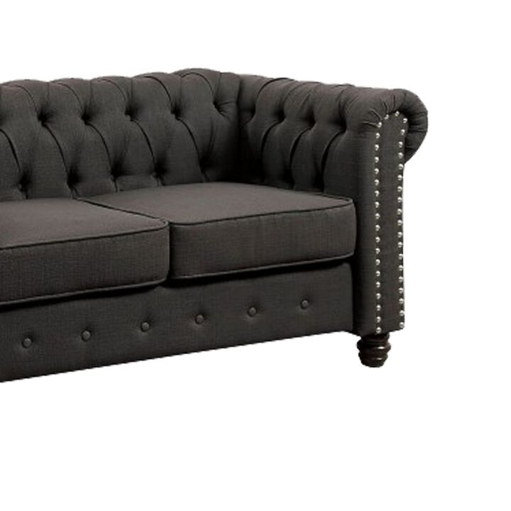 Fabric Upholstered Chesterfield Loveseat with Nailhead Trims, Gray-Benzara