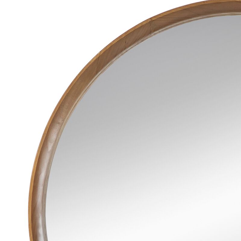 Roe 32 Inch Wall Mounted Round Mirror, Modern Brown Pine Wood Frame - Benzara