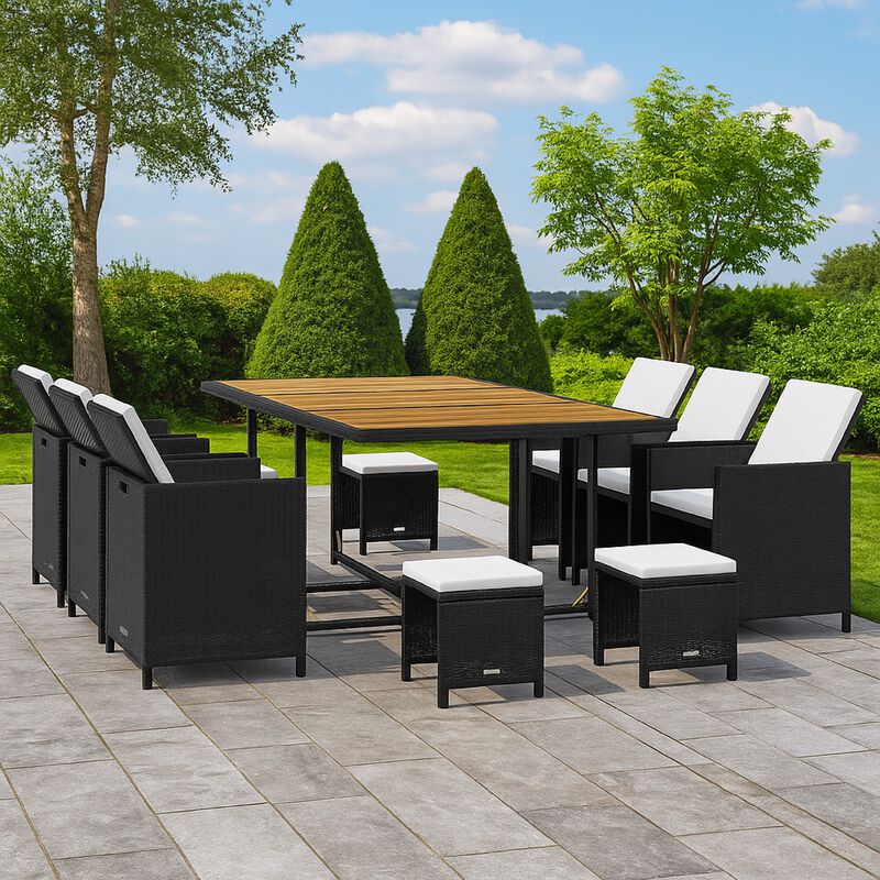 11pc Outdoor Dining Table Set, 10 Seater, Brown Acacia Wood n Rattan - Benzara