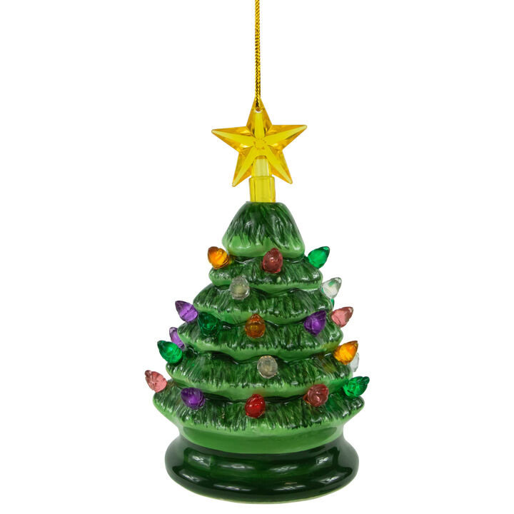 5" Green Battery-Operated LED Retro Ceramic Christmas Tree Ornament