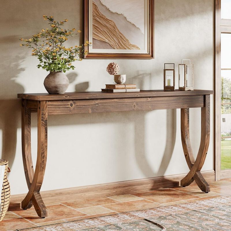 Farmhouse Entryway Console Table, Solid Wood Sofa Table for Living Room-Brown image number 5