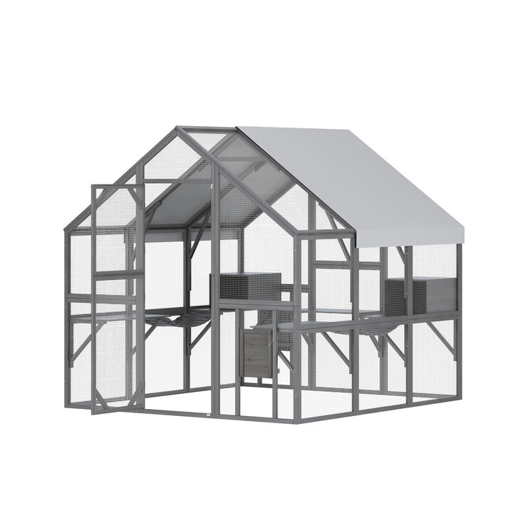 Large Wooden Outdoor House, 43 Sq. Ft. Cat Run Enclosure Walk in Cat Catio Kitten Condo with Enter Door, Roof Cover