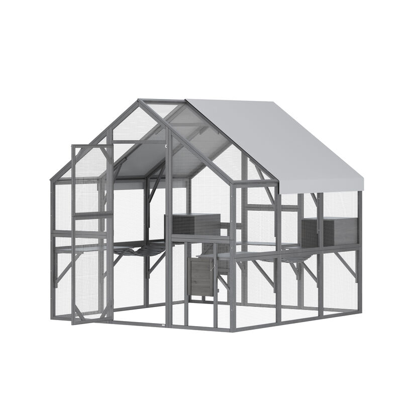 Large Wooden Outdoor House, 43 Sq. Ft. Cat Run Enclosure Walk in Cat Catio Kitten Condo with Enter Door, Roof Cover