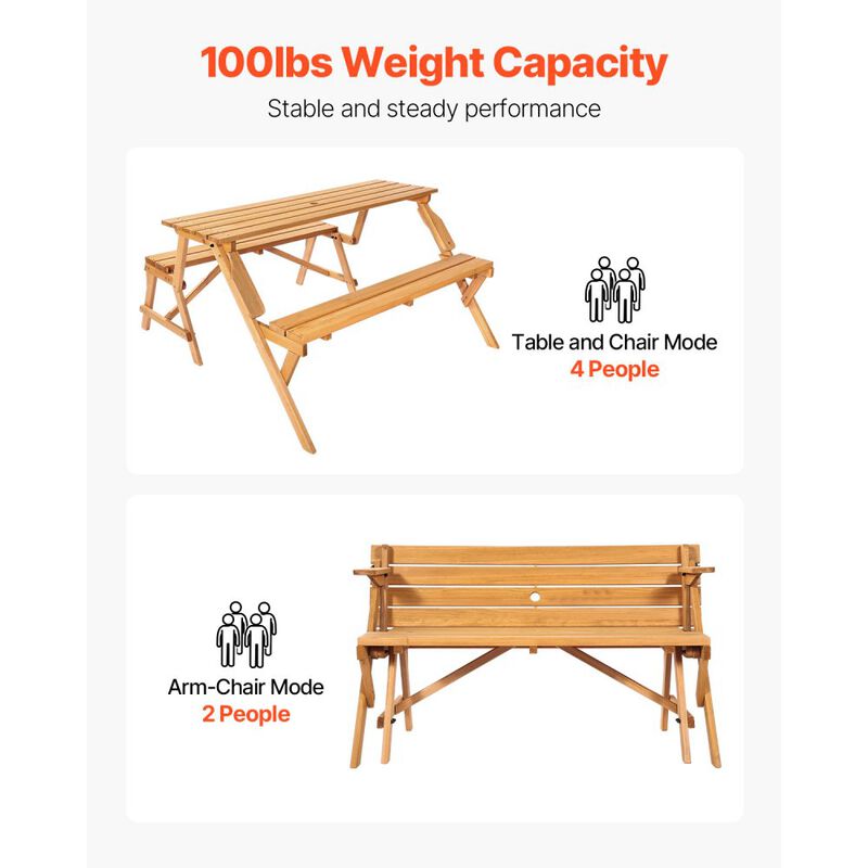 2-in-1 Wooden Picnic Table and Bench Set &ndash; Foldable Outdoor Table with Umbrella Hole