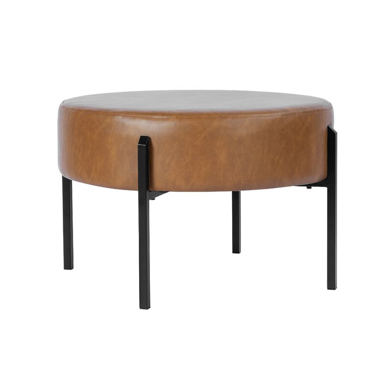 Joe Round Ottoman Footstool, Black Metal, Brown Faux Leather 28 Inch - Benzara image number 3
