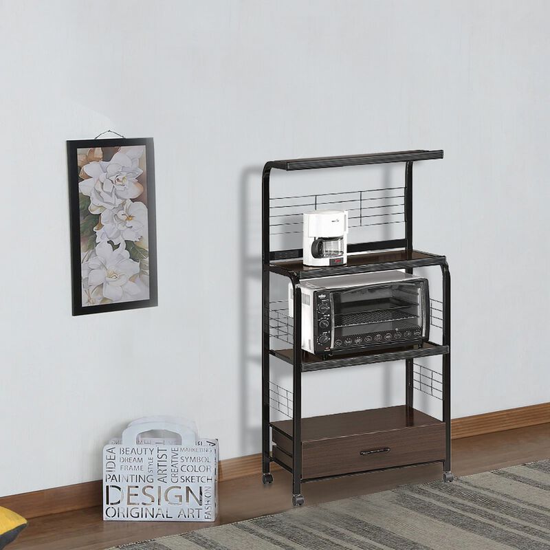Wood and Metal Kitchen Cart On Casters, Brown and Black-Benzara image number 5