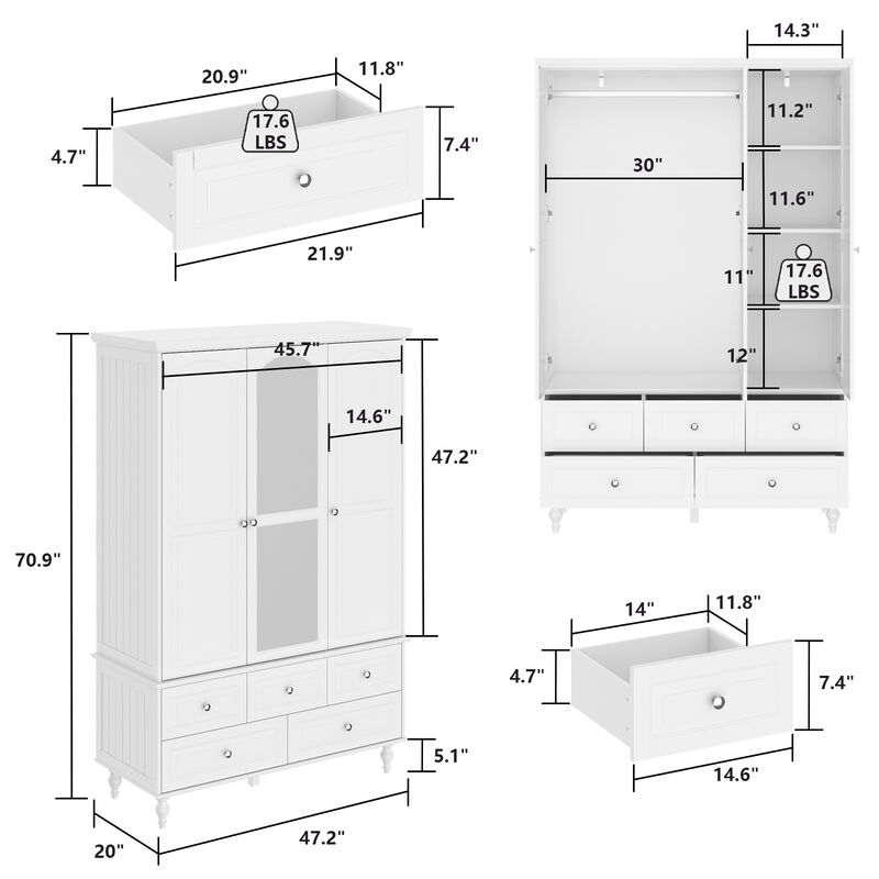 FUFU&GAGA White Mirror Wardrobe with 2 Cabinets & 5 Drawers, P2 Grade MDF Construction, Silver Handles, Elevated Modern Storage Cabinet (47.2 x 20 x 70.9 in)