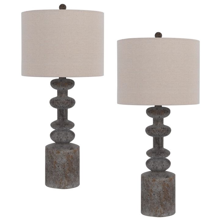 31 Inch Accent Table Lamp, Resin Turned Base, Set of 2, Beige, Gray-Benzara