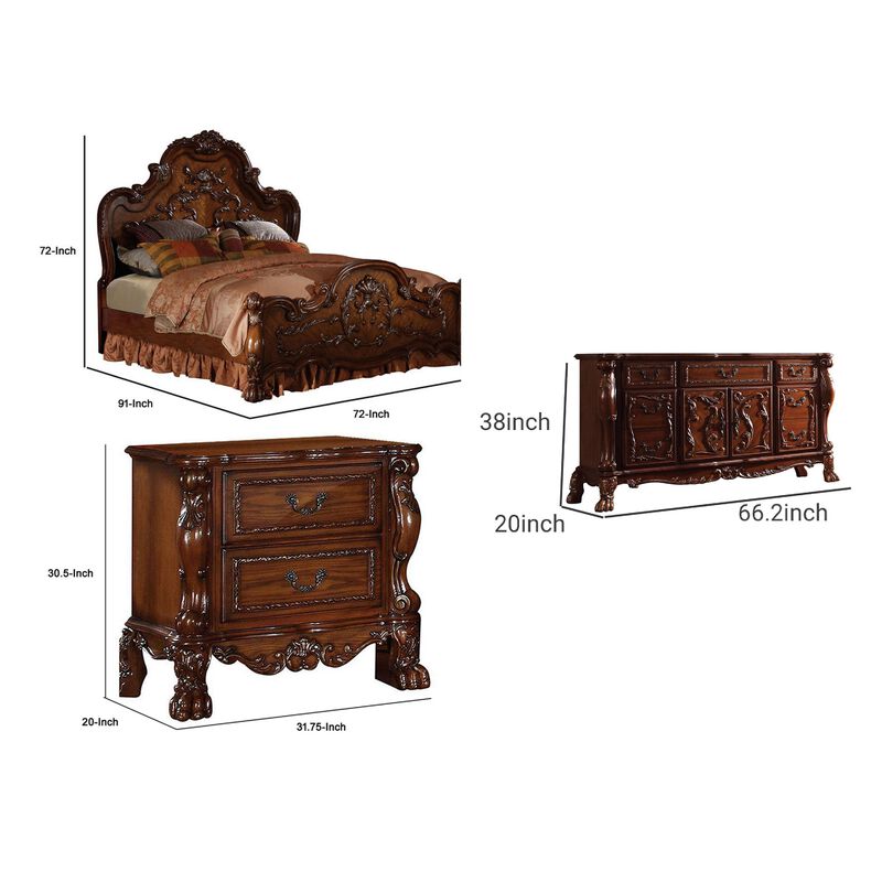 Queen Size Bedroom Set, Traditional Carved Wood Design, Brown Finish, 4-Piece Set with Bed, Nightstands and Dresser image number 7