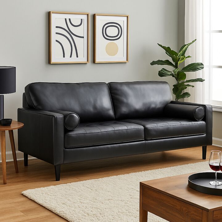 Bryc Sofa, 2 Bolster Pillows, 87 Inch Black Real and Faux Leather
