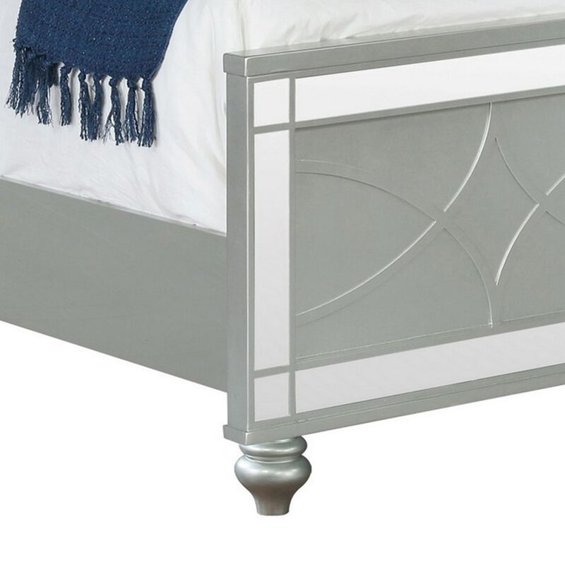 Gina Queen Panel Bed, LED Headboard, Gray Faux Leather Upholstery, Silver - Benzara