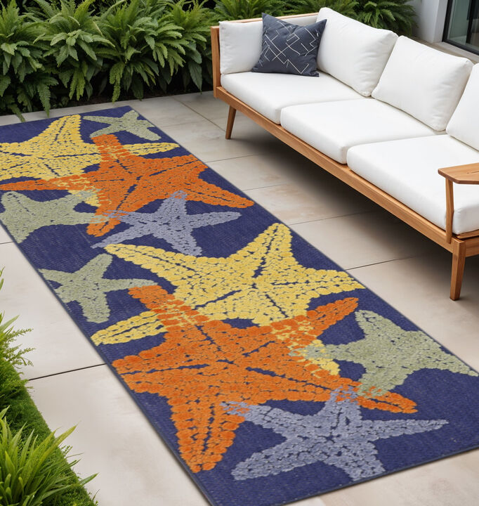 HomeRoots 8' Blue Yellow And Orange Starfish Indoor Outdoor Runner Rug