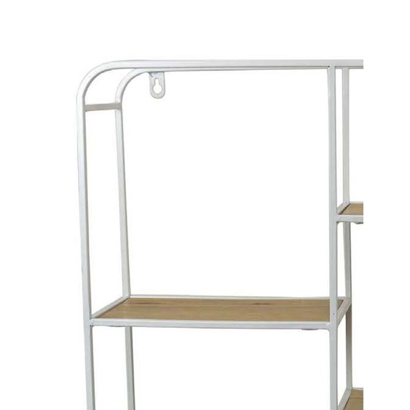 Decorative Wall Shelf with 6 Staggered Wood Racks, White Metal 24 Inch - Benzara