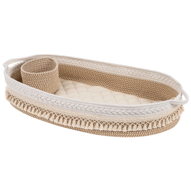 Baby Changing Basket, Handmade Woven Cotton Rope Moses Basket, Changing Table Topper with Mattress Pad(Beige&Brown)