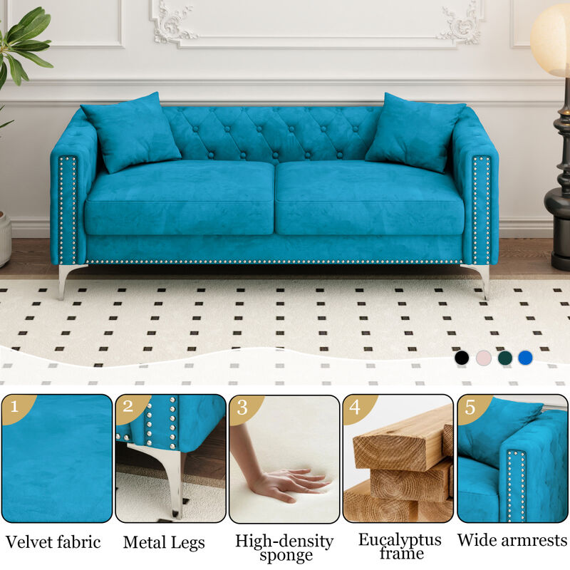 Sofa includes 2 pillows, 83 "blue velvet triple sofa, suitable for large and small Spaces