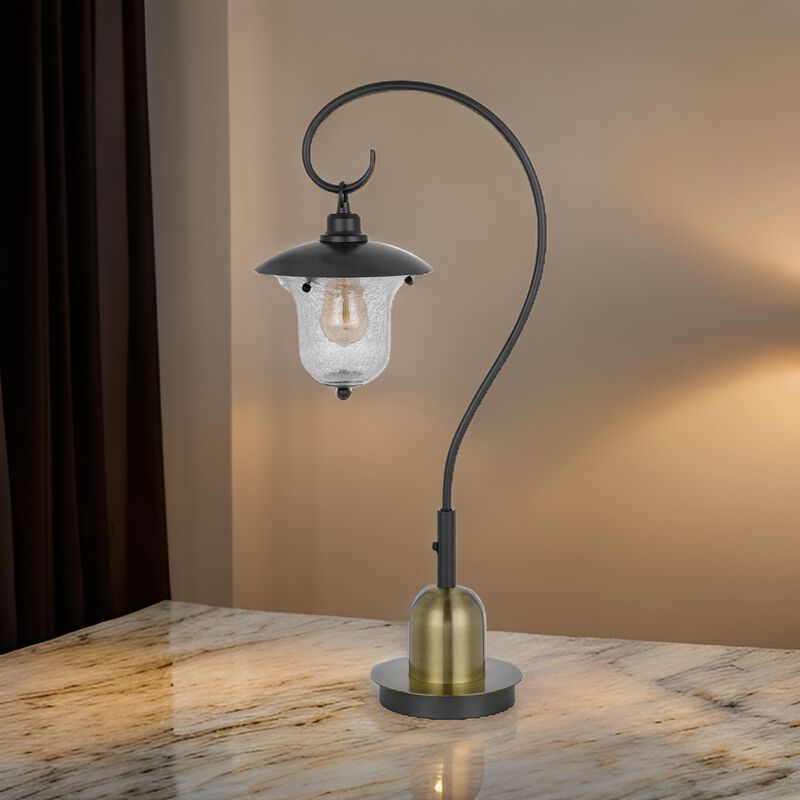 Lem 32 Inch Table Lamp, Classic Lantern, Glass Shade, Bronze Metal Finish - Benzara