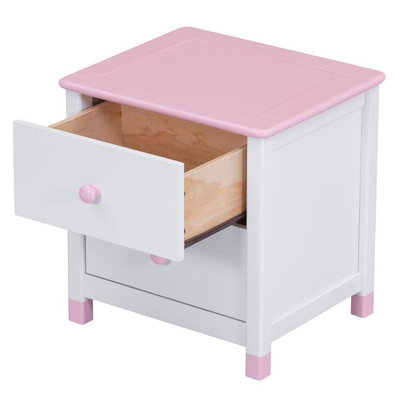 Wooden Nightstand with Two Drawers for Kids,End Table for Bedroom,White+Pink image number 6