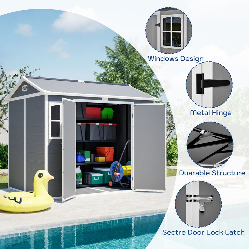 8 x 6 FT Plastic Utility Shed, Lockable Storage Shed for Garden Tools & Trash Bins, All-Weather Outdoor Organizer image number 6