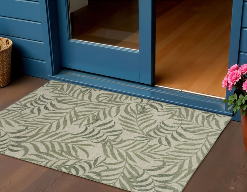 HomeRoots 3' X 5' Ivory And Green Palm Leaf Indoor Outdoor Area Rug image number 1