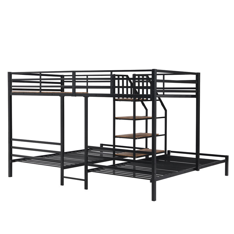Whisen Metal Twin over Twin & Twin Bunk Bed, Triple Bunk Bed with Storage Shelves Staircase- Black