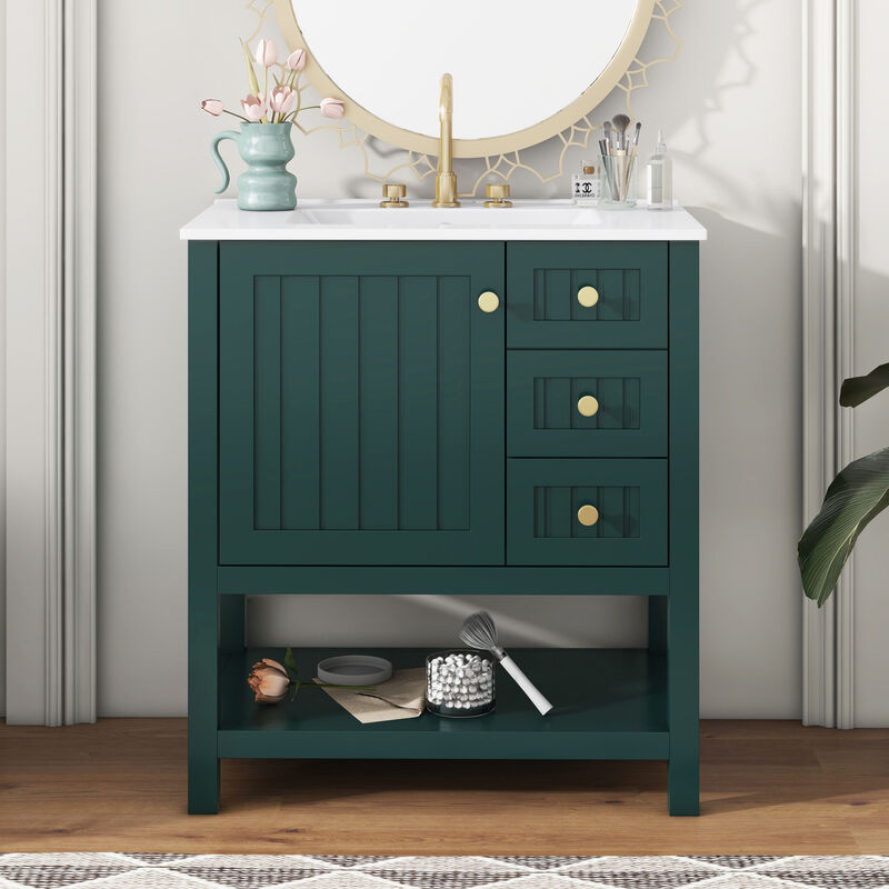 Whisen 30 in. Bathroom Storage Cabinet Bathroom Vanity with Ceramic Sink and 3 Drawers