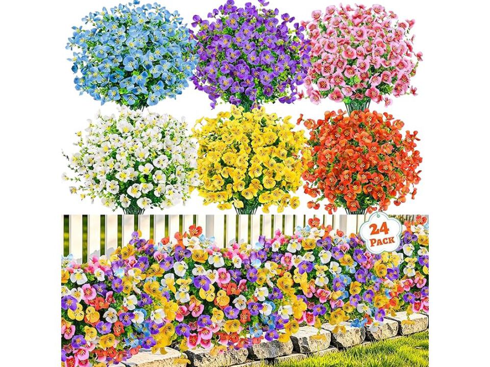 24 Bundle Artificial Pansy Flowers UV Resistant Outdoor Window Box Decor