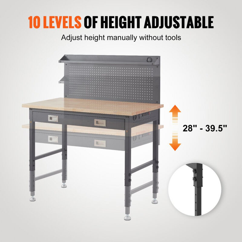 Heavy Duty Garage Workbench with Hardwood Top, Adjustable Height, Steel Frame and 30 Hooks-Black image number 4