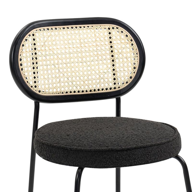 Glamour Home Set of 2 Black Boucle Fabric Dining Chair Rattan Backrest and Black Chrome Legs