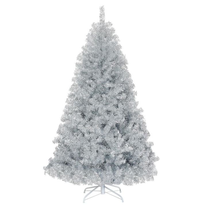 Hivvago 6 Feet Hinged Unlit Artificial Silver Tinsel Christmas Tree with Metal Stand