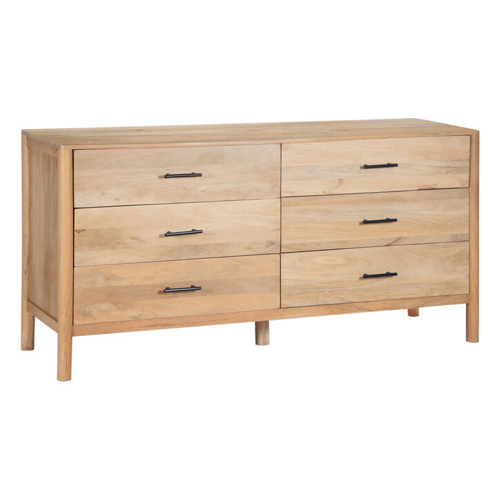 Geti 6 Drawers, 66 Inch Wide Dresser, Handcrafted Natural Oak White Mango Wood, Black Handles