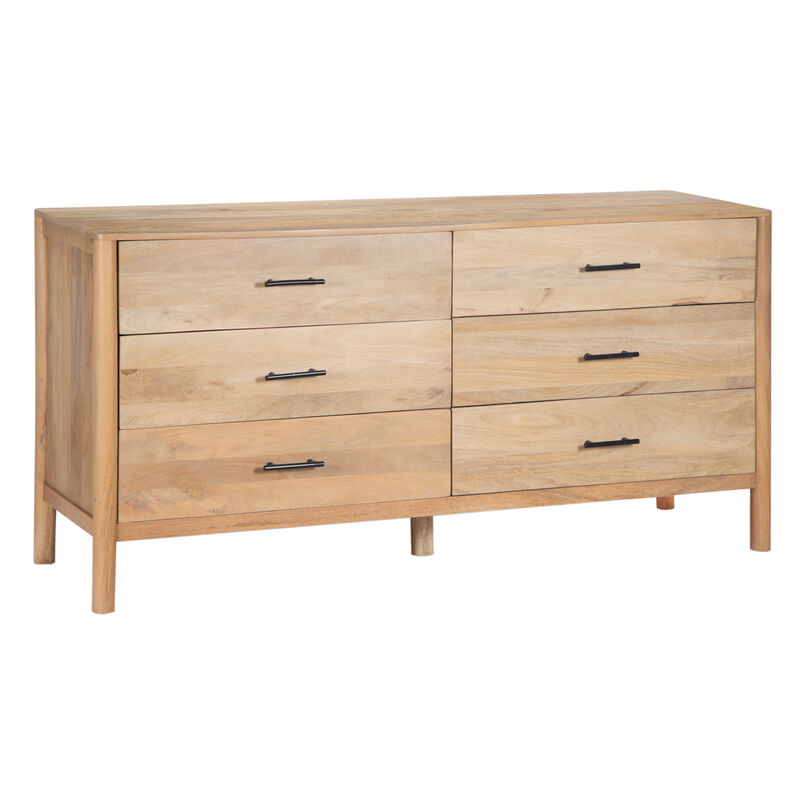 Geti 6 Drawers, 66 Inch Wide Dresser, Handcrafted Natural Oak White Mango Wood, Black Handles