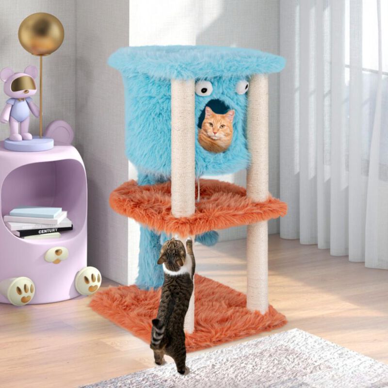 Hivvago Cute Monster-Themed Cat Tower with Private Condo and Soft Long Plush