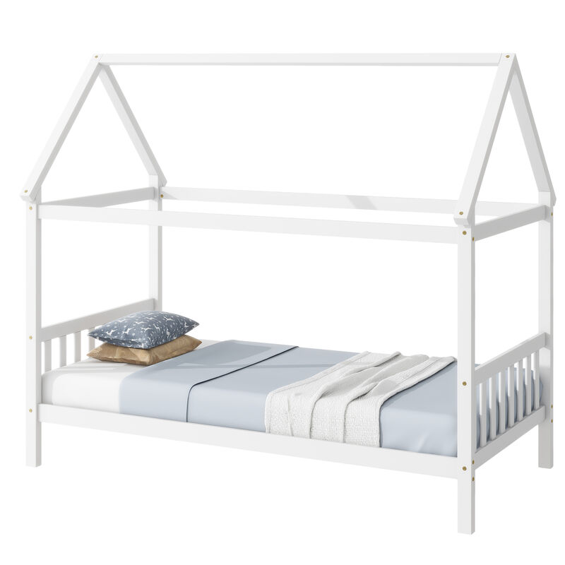 Whisen Twin House Frame Bed with Guardrails, Solid Rubber Wood Kids Bed with Roof Design