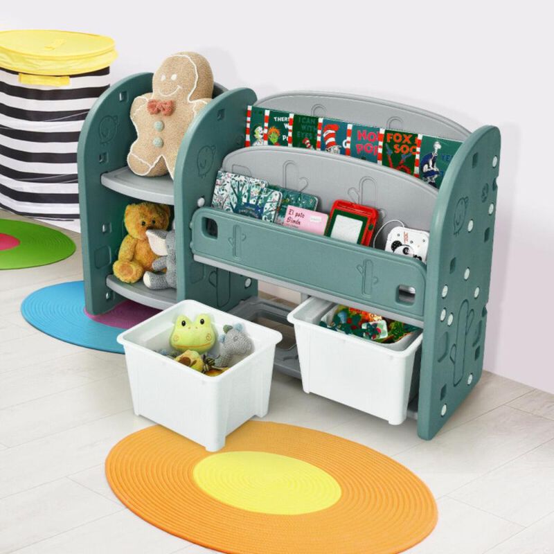 Hivvago Kids Toy Storage Organizer with 2-Tier Bookshelf and Plastic Bins