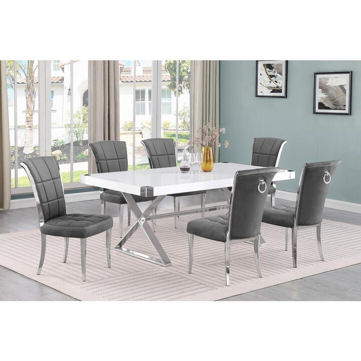 Best Quality Furniture 7pc Small(78) white wood top dining set with silver base and 6 chairs
