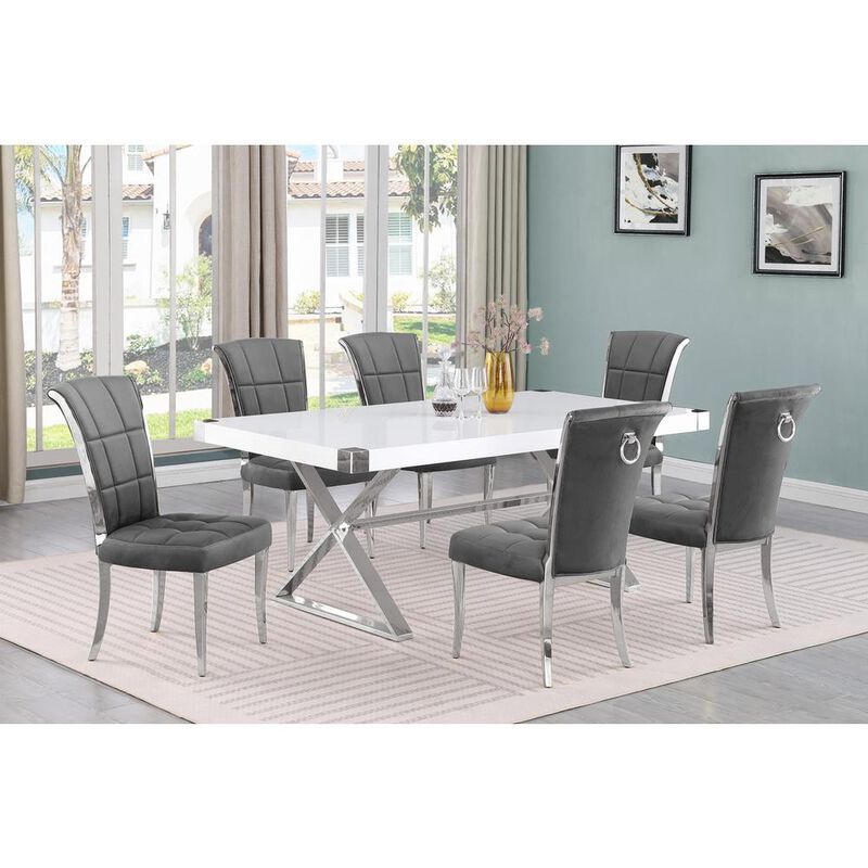 Best Quality Furniture 7pc Small(78) white wood top dining set with silver base and 6 chairs image number 1