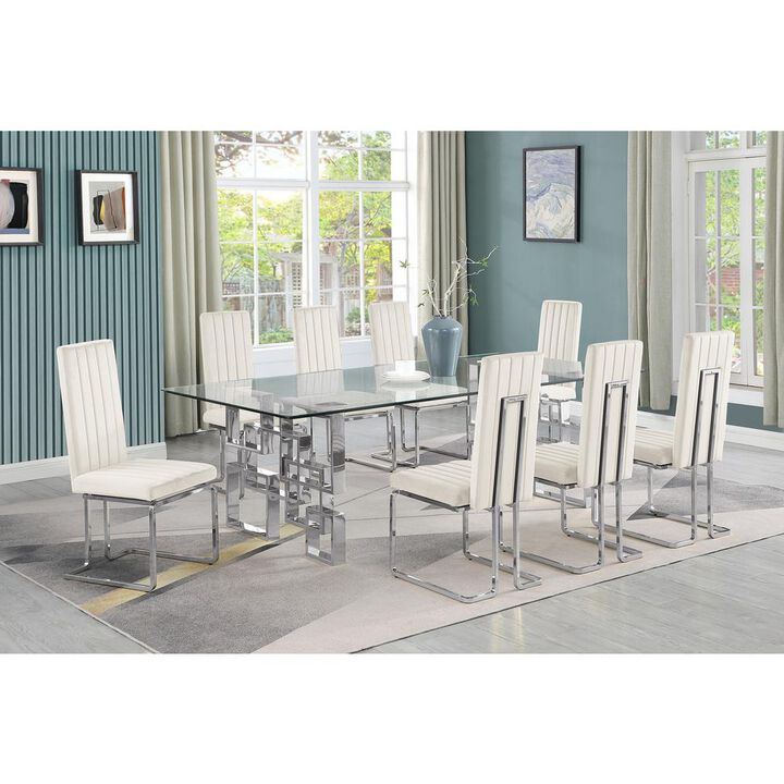 9-piece glam dining set with 8 Cream chairs and one 95" glass  table