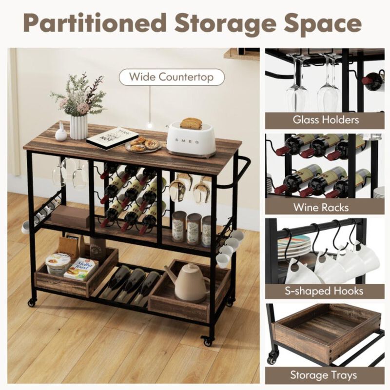 Hivvago 3 Tiers Bar Cart on Wheels with Glass Racks