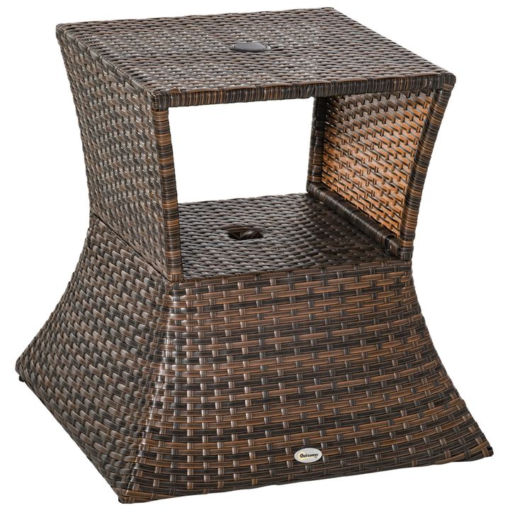 Rattan Wicker Side Table with Umbrella Hole, 2 Tier Storage Shelf for All Weather for Outdoor, Patio, Garden, Backyard, Mixed Brown