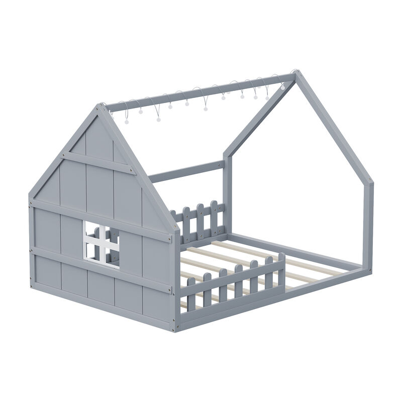 Merax Full Size Wood House Bed with Window and Fence