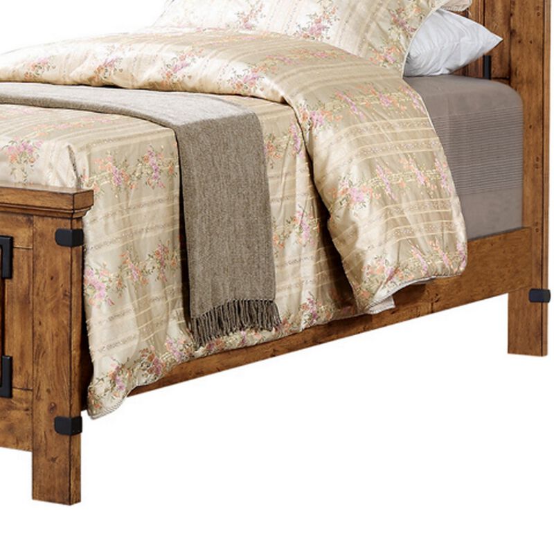 Cottage Style Twin Size Bed with Plank Detailing and Metal Accents, Brown - Benzara